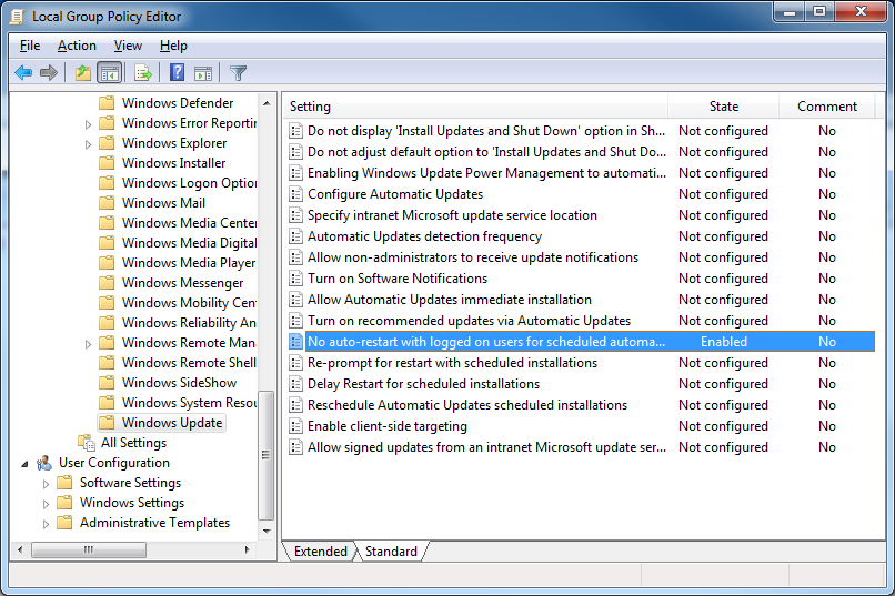  Windows Components’ – ‘Windows Update’ in Group Policy Editor